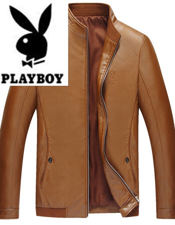 花花公子夹克秋冬新款商务休闲立领机车皮衣外套pu皮夹克男款外衣 棕