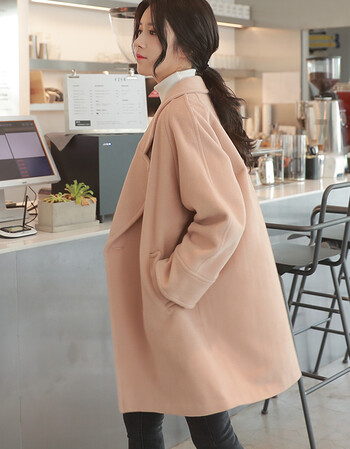 秋冬款学生宽松中长款呢子大衣加厚韩版小个子茧型毛呢外套女 藕杏色