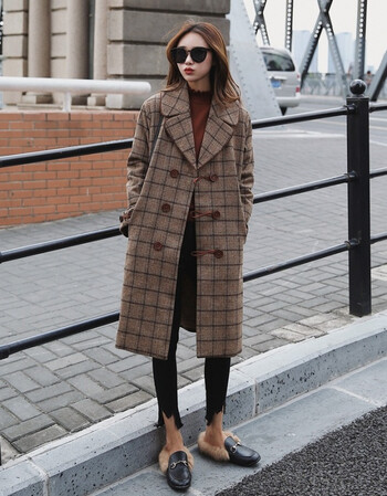 2017英伦复古格子别致双排扣毛呢外套女加厚直筒宽松呢子大衣 复古