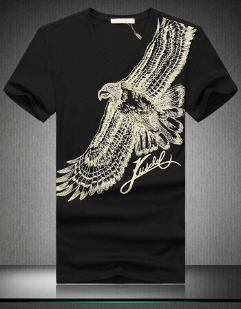 franioo2015夏季新款男士短袖t恤韩版修身纯棉v领时尚老鹰印花加肥