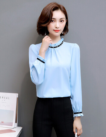 品堂夏秋季女雪纺衬衫韩版短袖上衣中青年少妇0-5-40岁女衣服 天蓝色