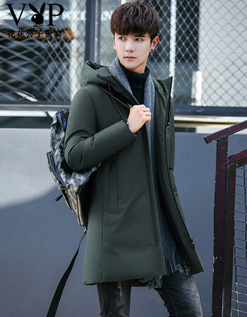 花花公子贵宾 羽绒服男2017新品加厚保暖中长款连帽外套有大码 军绿色