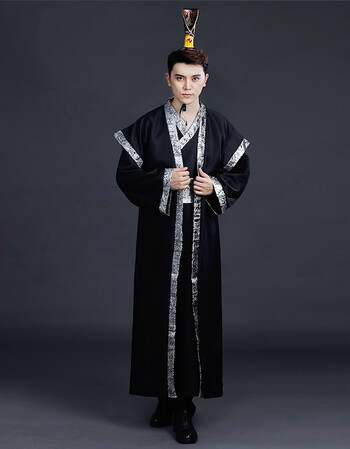 男汉服 书生直裾大氅唐装秦朝春秋战国三国官服汉朝大臣古代 黑色银边