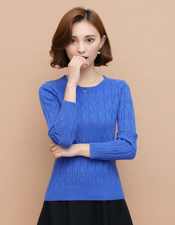 16秋季新款女式8字扭花衫修身短款套头打底衫百搭毛衣 中蓝 s
