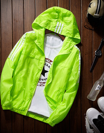 青年薄款连帽男士运动外套潮休闲帅气夹克日系潮男修身棒球服 荧光绿