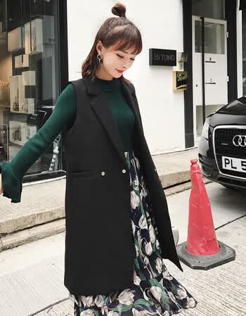 毛呢外套女 秋新款韩版女装时尚中长款修身无袖背心马甲 黑色 s
