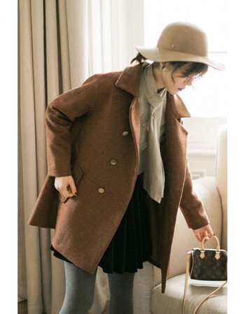 渡韩版宽松显瘦学生中长款毛呢外套女纯色百搭上衣秋冬季新款 红棕色