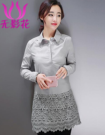 无影花2016春秋新款淑女文艺范衬衫蕾丝拼接中长连衣裙女6756 1-灰色 XXL