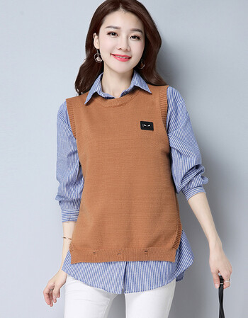 lvdgck 春装2018马甲配衬衫两件套条纹衬衣女长袖宽松韩版百搭学生加