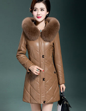 海宁真皮皮衣皮棉衣女中长款2017新款毛领加肥加大加厚皮外套显瘦 杏