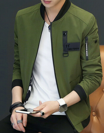 外套秋季2017新款韩版修身潮流帅气百搭牛仔秋装休闲夹克衣服 军绿色