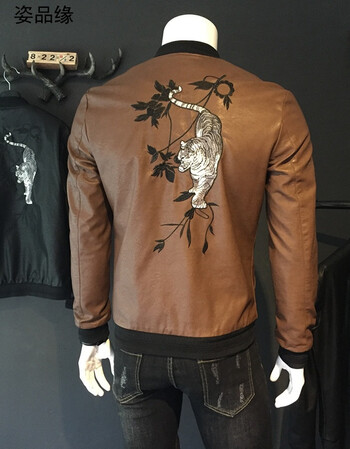 皮夹克男2017新款秋装中国风老虎刺绣潮流皮衣青年韩版时尚pu外套sn