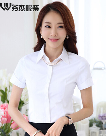 务杰 2016职业装衬衫女夏女装新款衬衣韩版修身OL职业女衬衫夏装工作服 白色单件+黑色西裙 XL