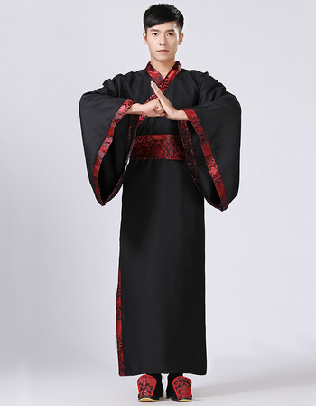 新款古装服装男汉服男士曲裾臣子官服汉朝大臣书生汉服直裾深衣黑色红边