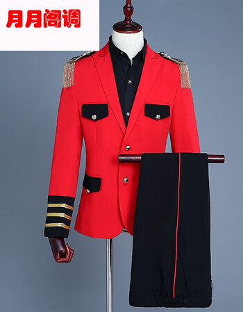 男士红色流苏肩章军礼服套装夜店装酒吧西服影楼写真 红色 s