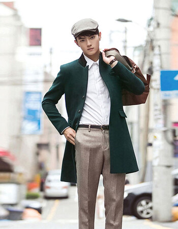 k328i 韩版修身立领风衣外套男士中长款呢子大衣休闲纯色风衣男a266