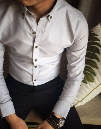 秋装长袖衬衫男士休闲商务纯色衬衣韩版修身牛津纺白衬衣英伦潮男 浅