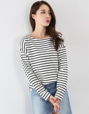 条纹t恤女长袖2017秋冬新款宽松韩版大码上衣纯棉百搭加厚打底衫 白色