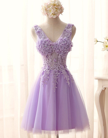 紫色蕾丝深v领透视花朵新娘短款婚纱敬酒服伴娘小礼服 紫罗兰 xs