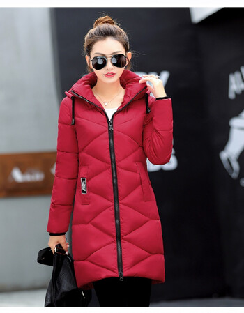 新款冬季可爱外套女棉衣中长款连帽加厚羽绒棉服修身学生棉袄 深红色