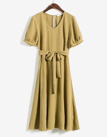 cum 潮牌 泡泡袖法国浪漫主义 v领短袖连衣裙绑带复古长裙子 黄褐色 s