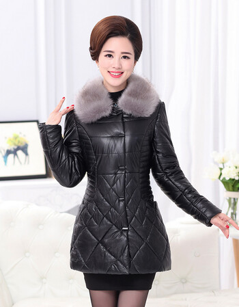 中老年女装冬装皮衣外套修身中长款加厚衣皮袄大码 黑色 xl