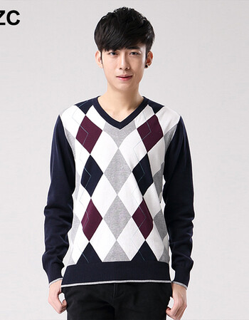 衣之纯2015秋冬新品男装 针织衫v领菱形几何图案男士打底毛线衣 宝