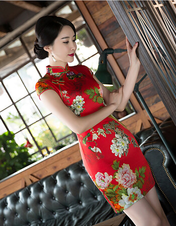 旗袍2018新款夏改良日常时尚旗袍连衣裙复古修身包臀旗袍裙女 桔红色