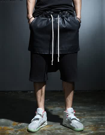 2015新款男士暗黑摇滚朋克假两件拼皮夏季休闲短裤 男 黑色 xxl