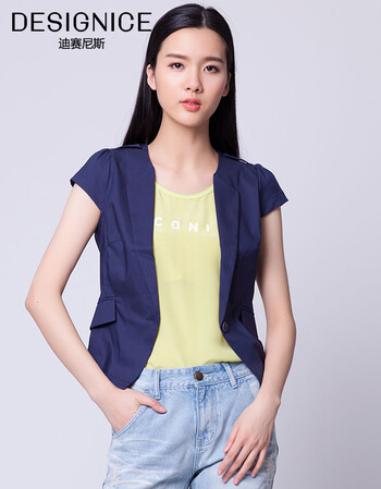 迪赛尼斯 商场同款修身女式蕾丝拼接短外套春秋上衣女 0690 藏青 S/155