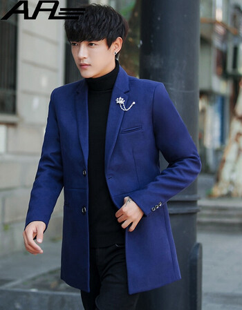 男士风衣中长款修身韩版加厚呢子外套商务休闲男毛呢大衣男装 蓝色 xl