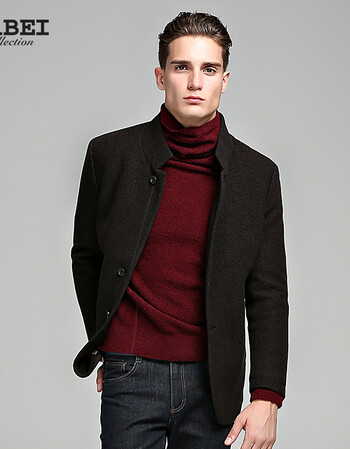 秋冬款男士纯色羊毛西装男修身西服男休闲商务立领外套 棕褐色 54