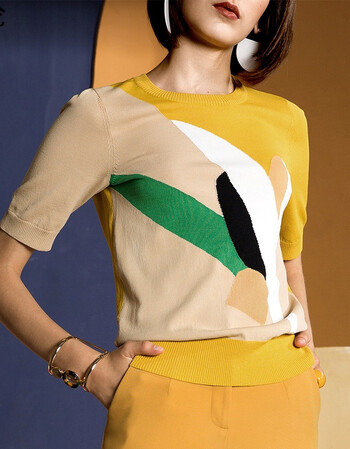 冰凉舒爽曲珠短袖上衣多色块拼接挂毛工艺针织衫 蒲公英黄 m