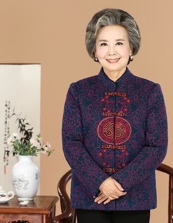 中老年女装秋装女老人唐装毛呢外套短款老年人60-70岁奶奶装上衣 蓝色