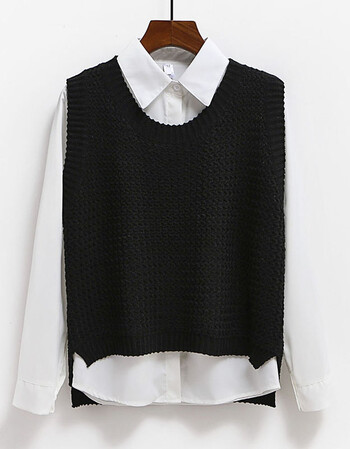 秋季毛衣马甲女韩版后背开叉学院风宽松无袖针织衫坎肩毛背心 黑色 s