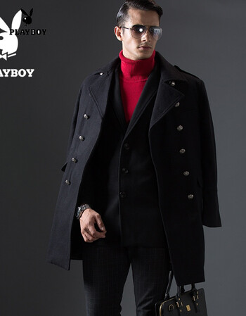 花花公子冬季加厚男士风衣修身型外套中长款韩版羊毛呢子大衣男潮