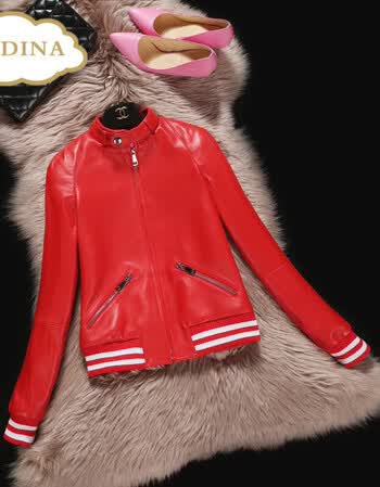 sudina新款真皮皮衣女短款 机车皮夹克单皮棒球服春秋女装外套 红色 m