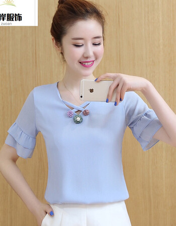 短款v领t恤女短袖雪纺衫jlj 浅蓝色 3xl(建议135-145斤)