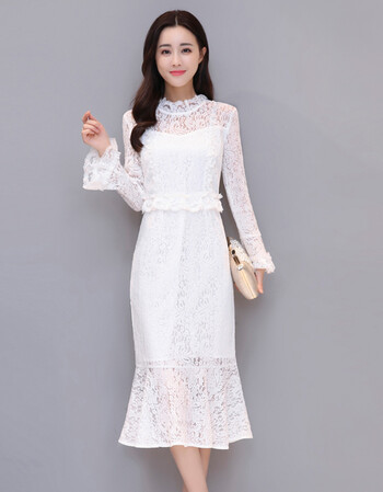 白色蕾丝连衣裙春秋2018春装新款长裙子雅修身显瘦长款鱼尾裙 白色 l