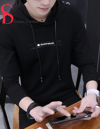 2018春季男装长袖t恤男条纹上衣青年修身韩版连帽外套男子体恤潮 黑色