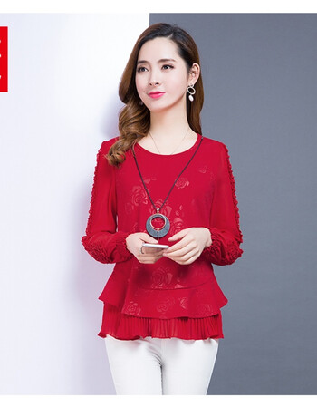 雪纺衫女2018早春新款韩版修身显瘦收腰印花大码百搭荷叶边上衣 大