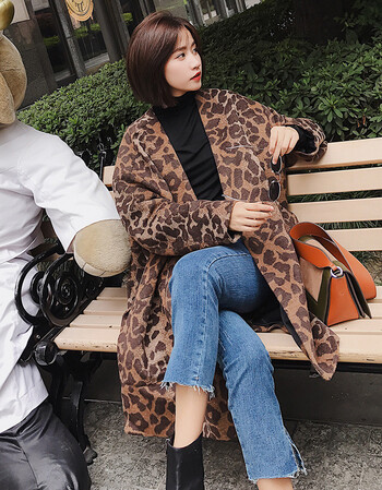 夏尔维纳冬季a字羊毛呢大衣加绒复古v领豹纹中长款外套女修身显瘦百搭