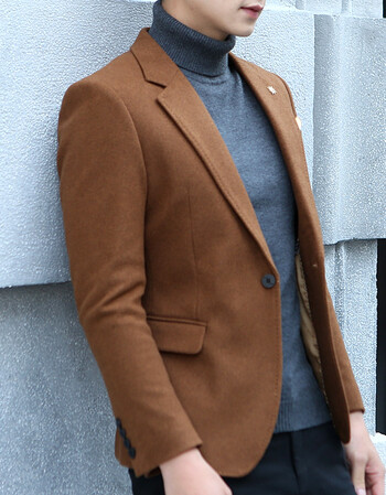 春秋毛呢西服男士韩版修身呢子休闲小西装男外套单西 咖啡色 l