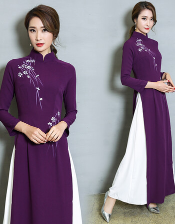 旗袍秋冬季2018新款女中长款修身越南奥黛改良版连衣裙 复古气质 紫色