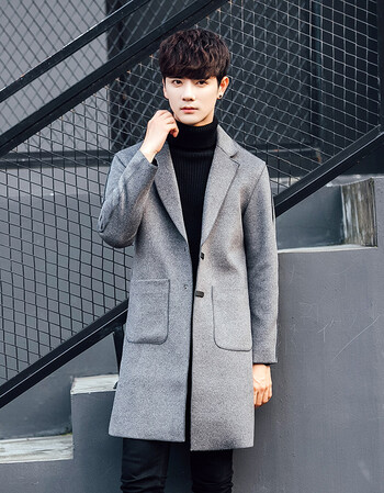 毛呢大衣男新款秋冬羊毛大衣茧型翻领中长款男士毛呢风衣外套 灰色