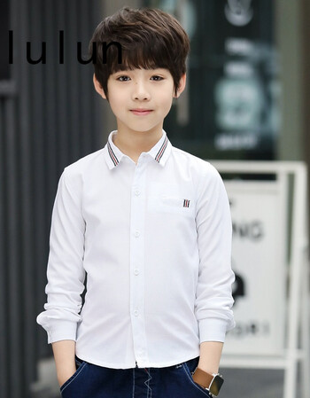 lulun童装男童长袖衬衫儿童衬衣男孩白衬衫中大童2018春装新款纯棉