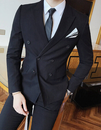 2018春装韩版修身双排扣西装套装男 新郎结婚男西服三件套 潮 黑色