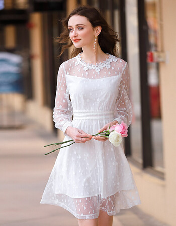 蕾丝连衣裙女2018初春新款白色气质淑女透视网纱波点修身显瘦中裙