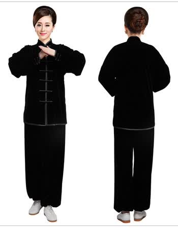 金丝绒太极服秋冬加厚晨练武术表演服冬季太极拳练功服装 黑色 m
