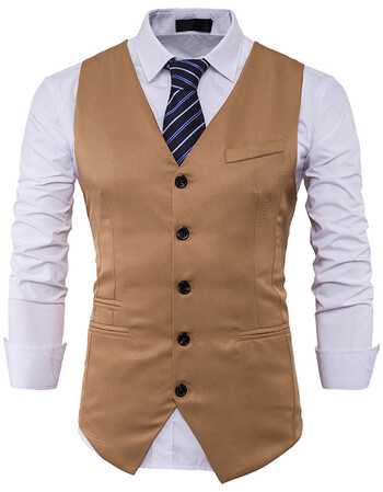 新款男士时尚修身单排扣纯色绅士西装马甲 卡其色 s